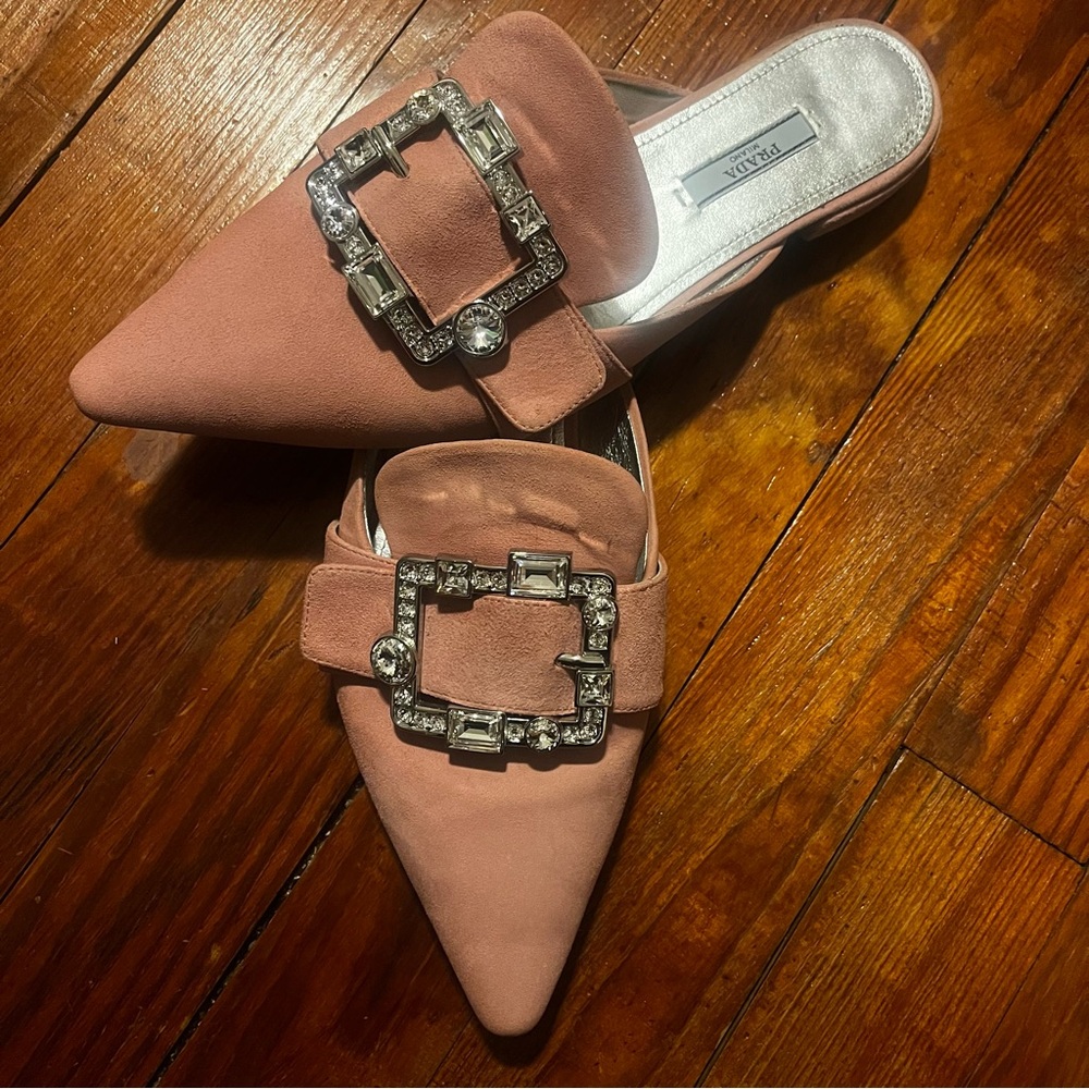 Prada Rose Pink Jeweled Buckle Suede Mule - Picture 2 of 8